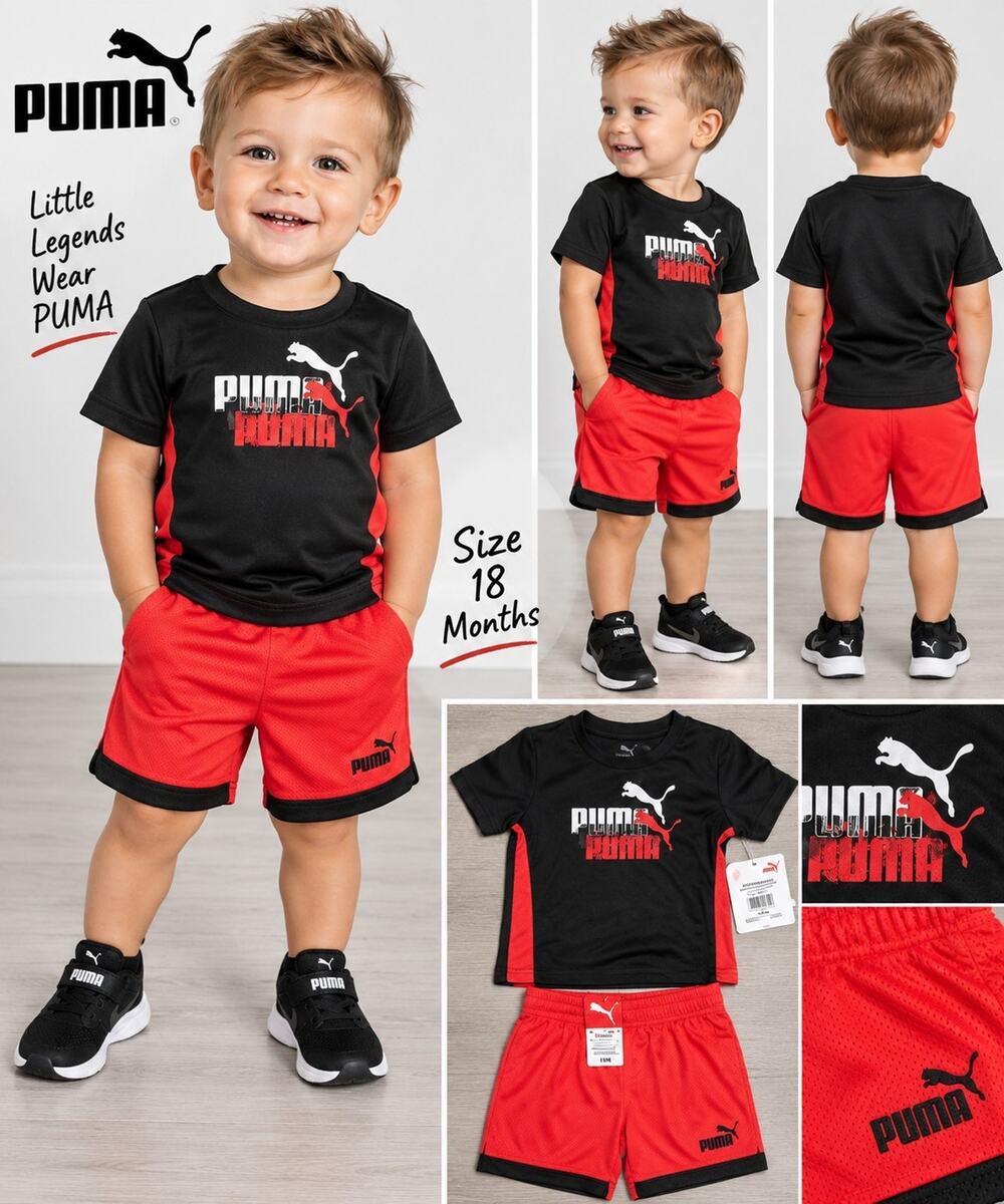 PUMA Baby Boys 2-Piece T-Shirt Shorts Set Black Red 18 Months NWT
